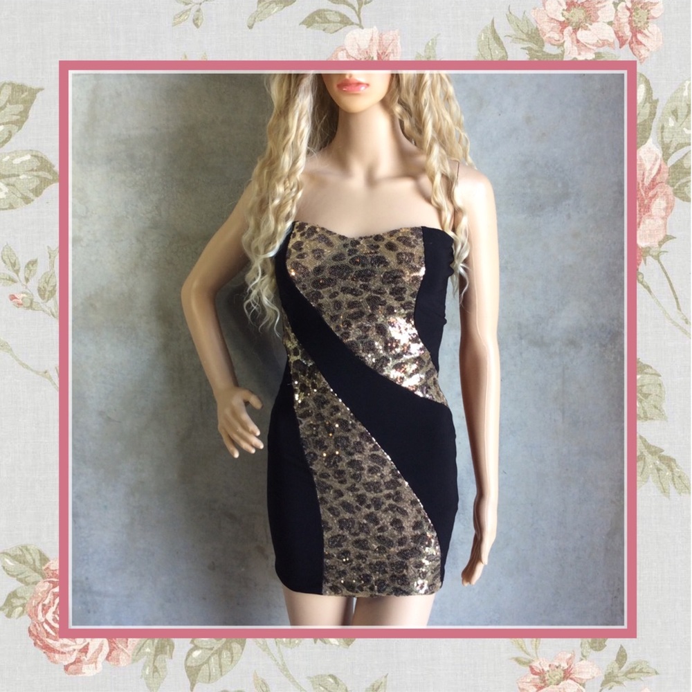🍒 ANIMAL PRINT LEPORD DRESS MINI SHORT BLING GOLD CLUB SLIM PETITE SPARKLE